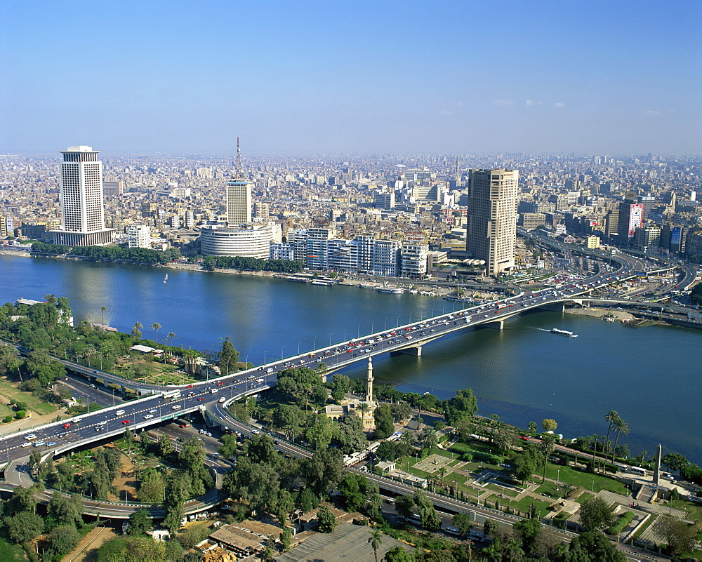 City skyline with the 6th October Bridge over the River Nile, seen from the Cairo Tower, Cairo, Egypt, North Africa, Africa