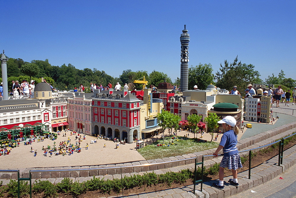 Child admiring model of London, Legoland amusement park, Windsor, Berkshire, England, United Kingdom, Europe