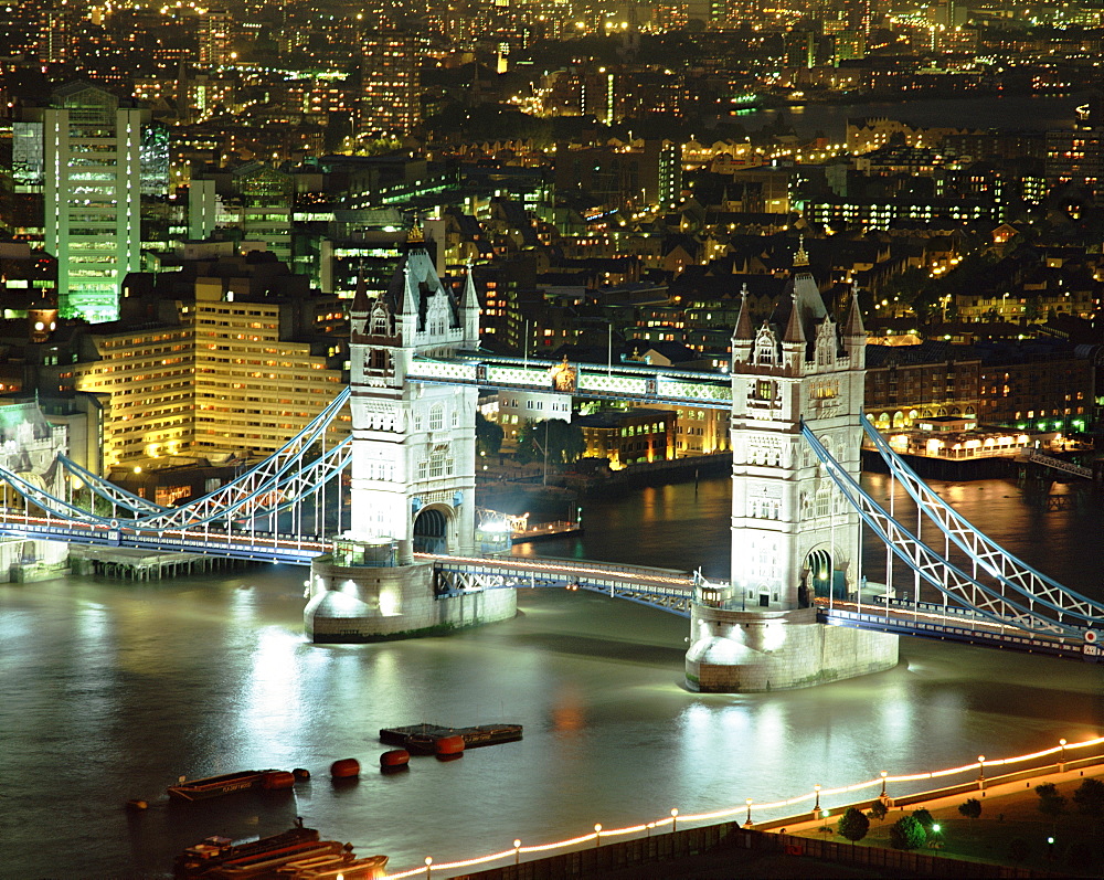 Elevated view of Tower Bridge at night, London, England, United Kingdom, Europe