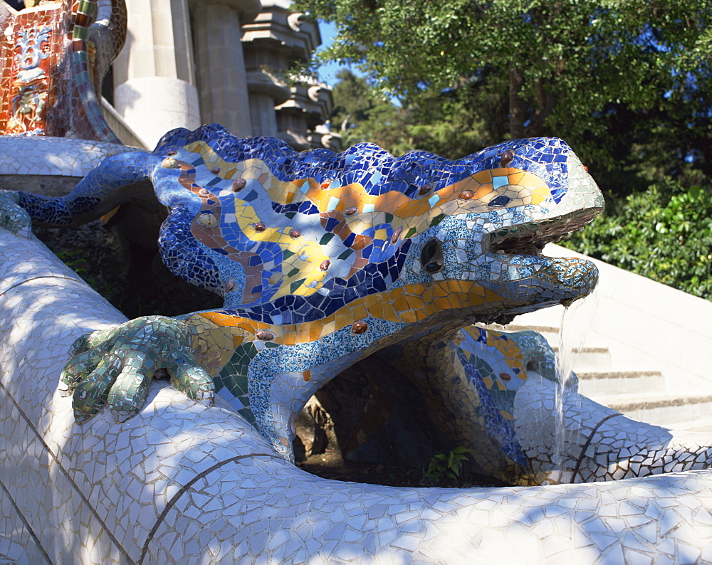 Close-up of a mosaic dragon statue in the Guell Park of Gaudi architecture, UNESCO World Heritage Site, in Barcelona, Cataluna, Spain, Europe