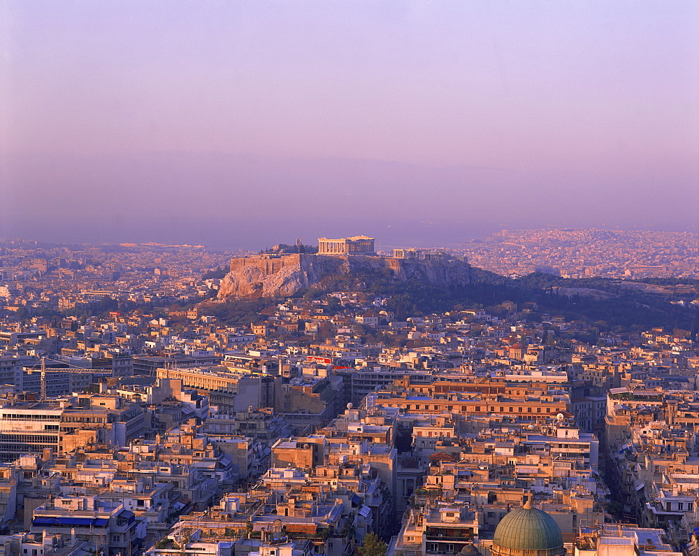 Skyline with Acropolis in middle distance taken over the city from Lykavittus Hill, Athens, Greece, Europe