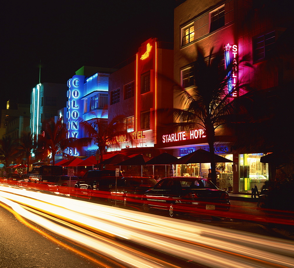 Ocean Drive illuminated with hotel neon signs, Art Deco District, Miami Beach, South Beach, Miami, Florida, United States of America, North America