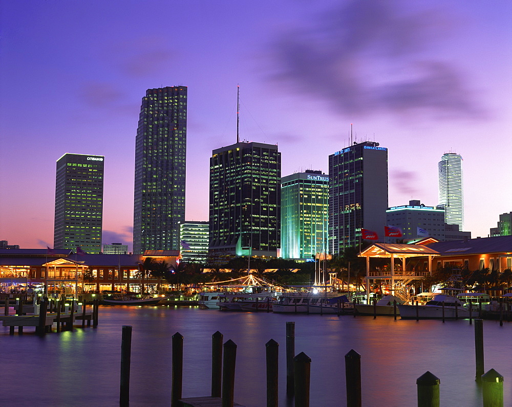 Marina and city skyline at dusk, Miami, Florida, United States of America, North America