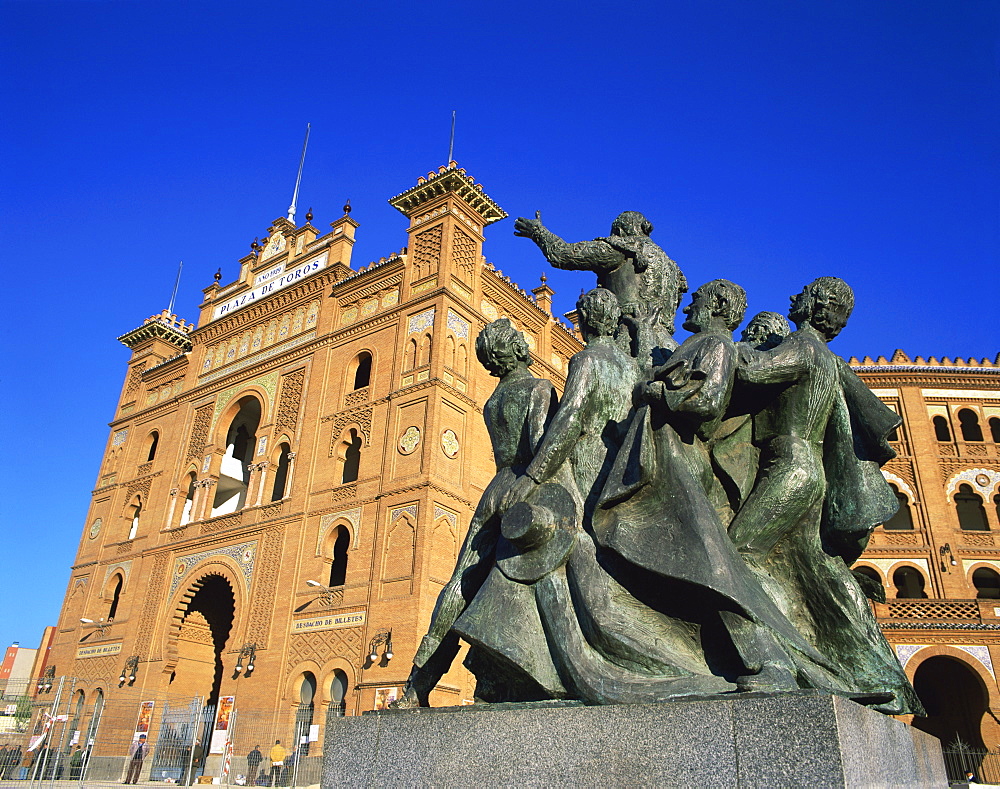 Statue in front of the bullring in the Plaza de Toros in Madrid, Spain, Europe