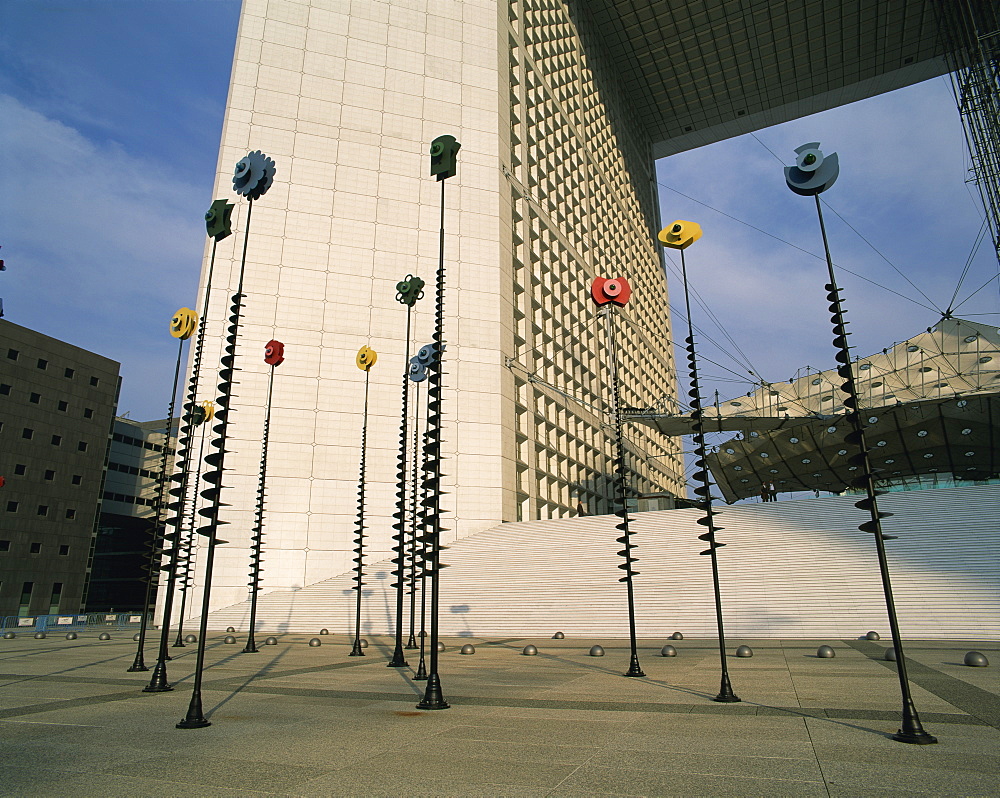 Modern art sculptures before La Grande Arche, La Defense, Paris, France, Europe