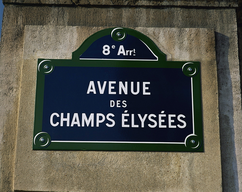 Avenue des Champs Elysees street sign, Paris, France, Europe