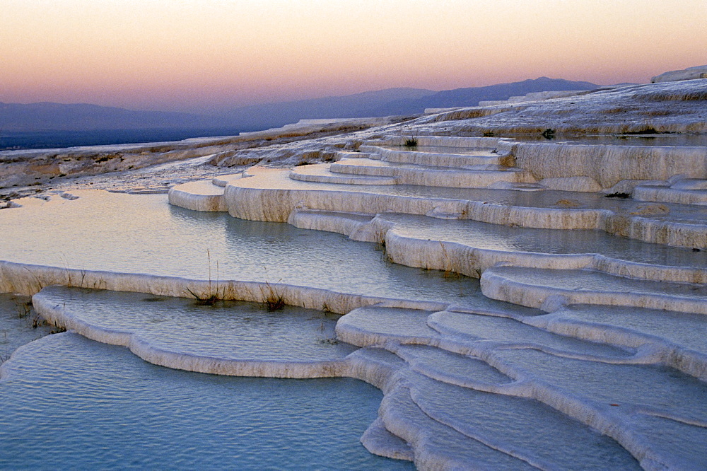 Pools at sunset, Pamukkale, UNESCO World Heritage Site, Anatolia, Turkey, Asia Minor