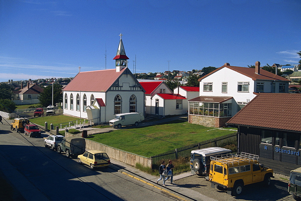 The Roman Catholic cathedral and houses in the town of Stanley, capital of the Falkland Islands, South America