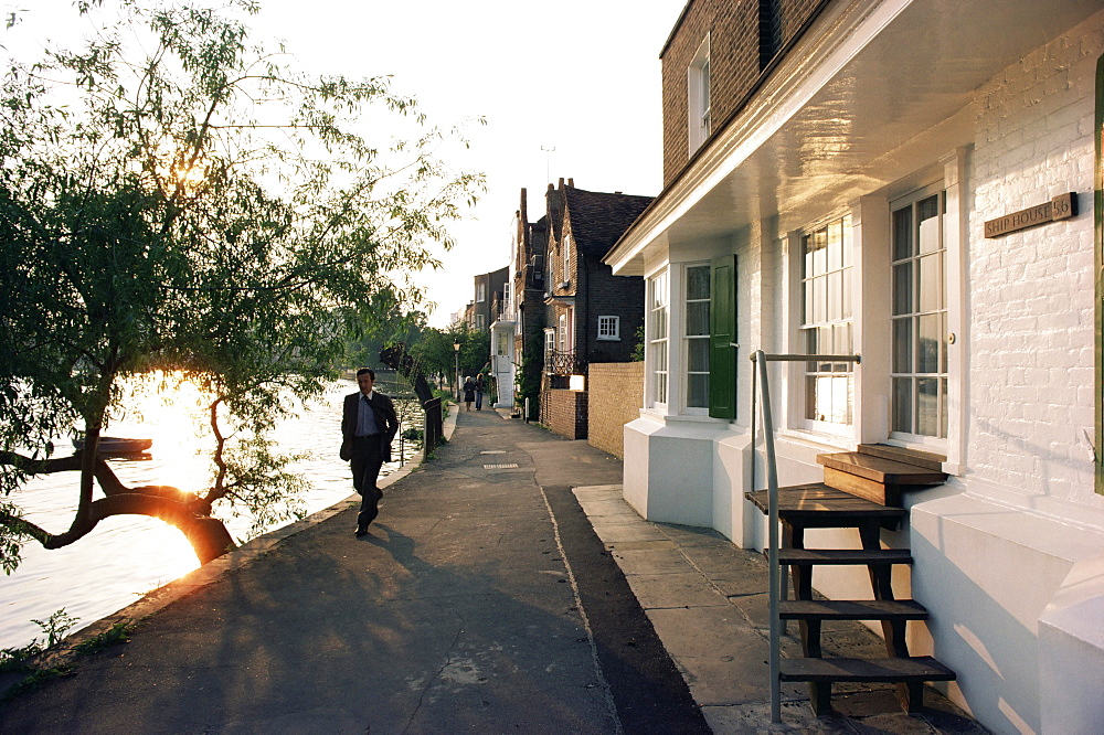 Houses with raised doorways as a flood precaution, River Thames, Strand on the Green, London, England, United Kingdom, Europe