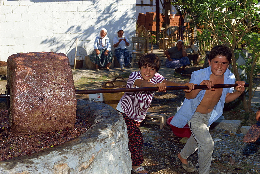 Children pressing olives in a stone olive press near Gocek, Anatolia, Turkey, Asia Minor, Eurasia