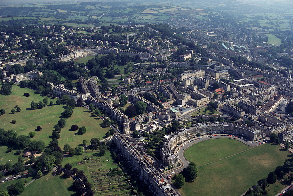 Aerial view of Bath, including the Royal Crescent, Avon (Somerset), England, United Kingdom, Europe