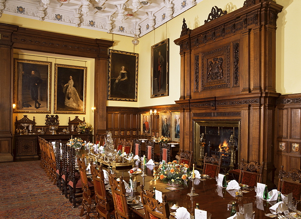 Dining room set for private dinner, Glamis Castle, Highland region, Scotland, United Kingdom, Europe