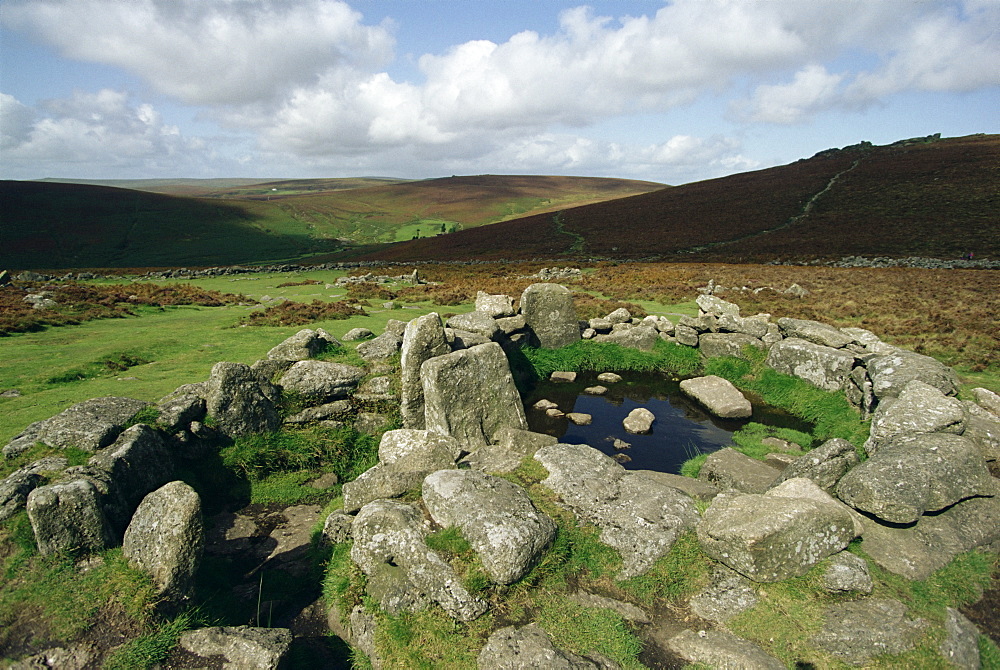 Hut foundations, Grimspound enclosure, Dartmoor, Devon, England, United Kingdom, Europe