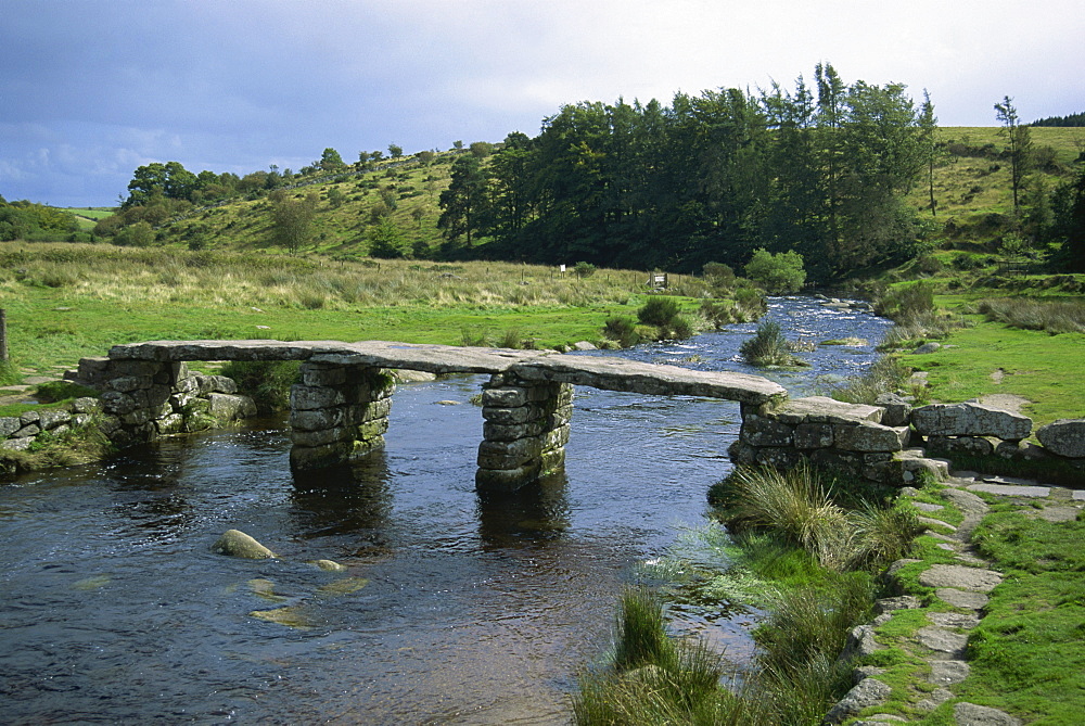 Traditional clapper bridge at Postbridge, Dartmoor, Devon, England, United Kingdom, Europe