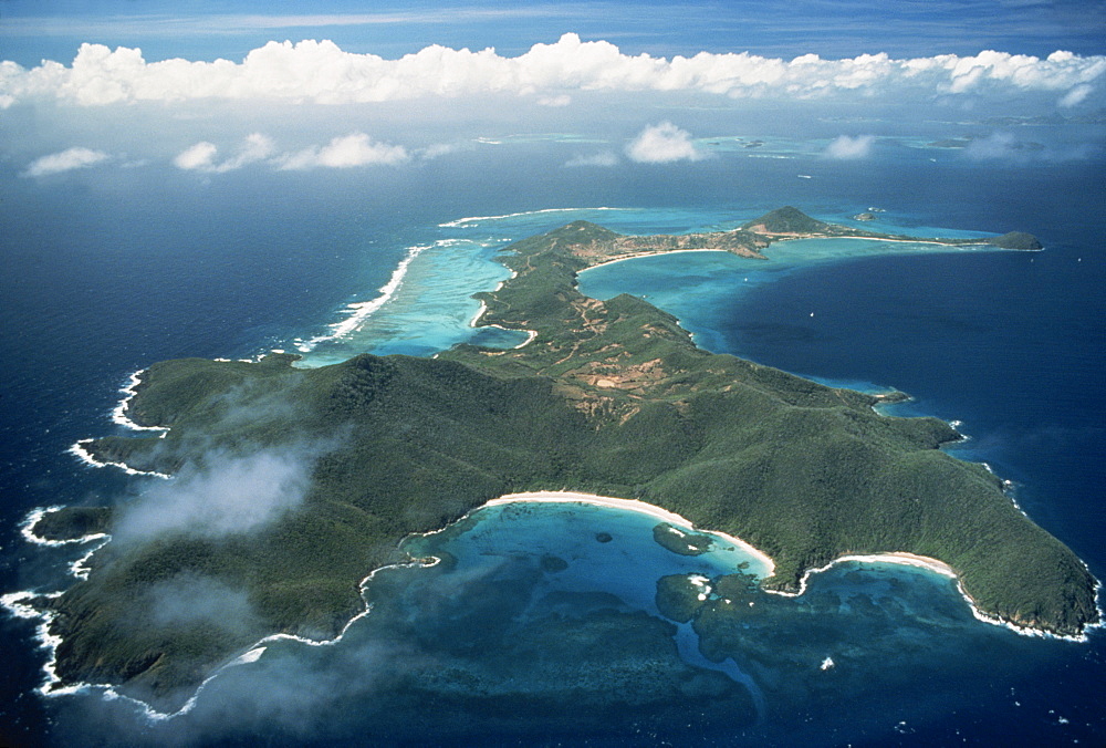 Aerial view over tropical island, Tobago, West Indies, Caribbean, Central America