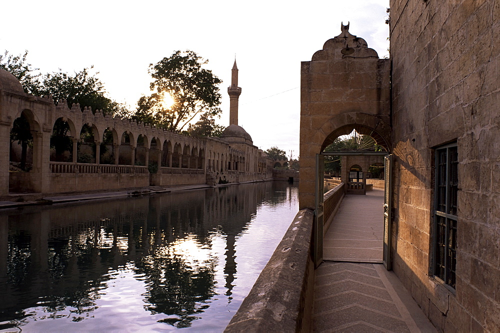 Sacred pools (golbasi) surrounded by mosques and Koranic colleges (medresse), Urfa, Kurdistan, Turkey, Anatolia, Asia Minor, Eurasia