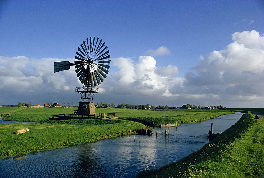 Water control dykes and windmill, Friesland, Holland, Europe