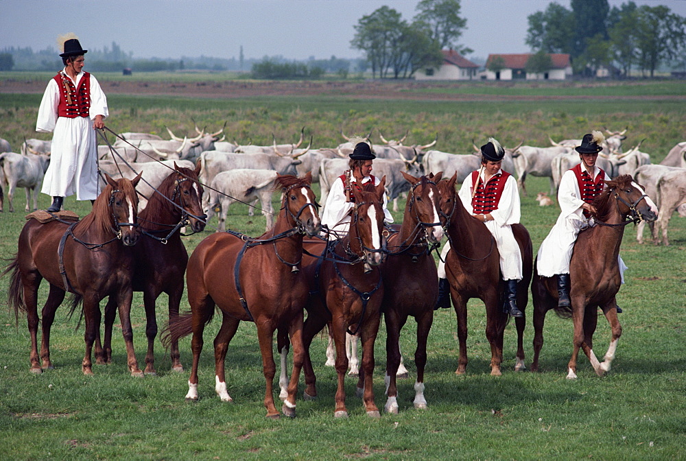 Men in traditional dress riding horses at Bugoc Puszra, Hungary, Europe