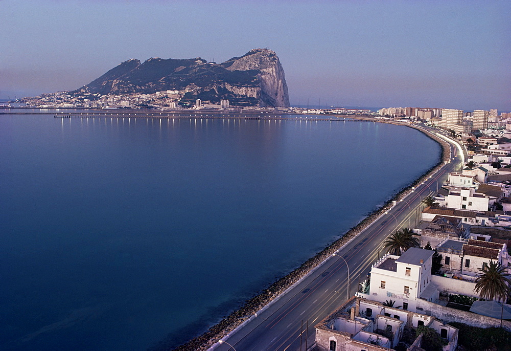 View of Gibraltar, British colony 1704 harbour on Algeciras Bay, La Linea, Spain, in foreground, Mediterranean, Europe