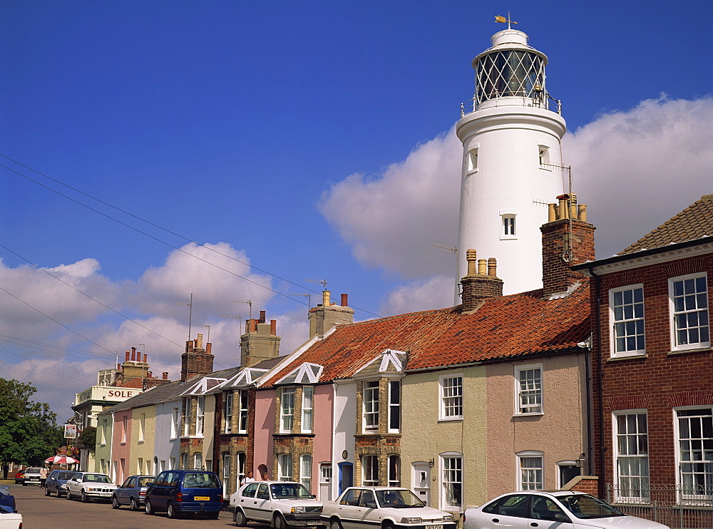 Lighthouse behind terraced houses, Southwold, Suffolk, England, United Kingdom, Europe