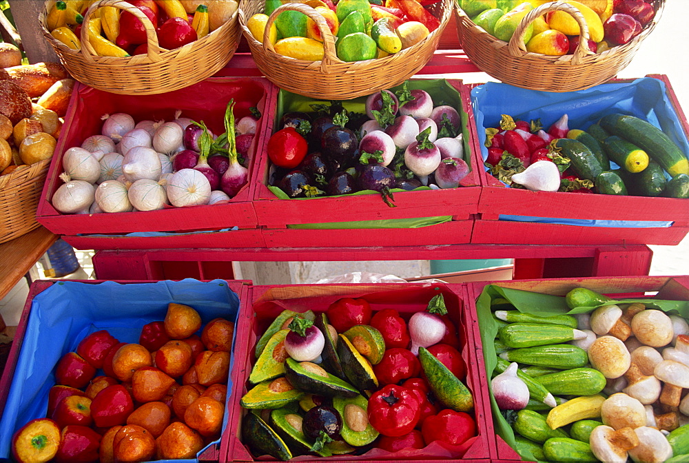 Close-up of vegetables for sale on market stall, Playa del Carmen, Mexico, North America