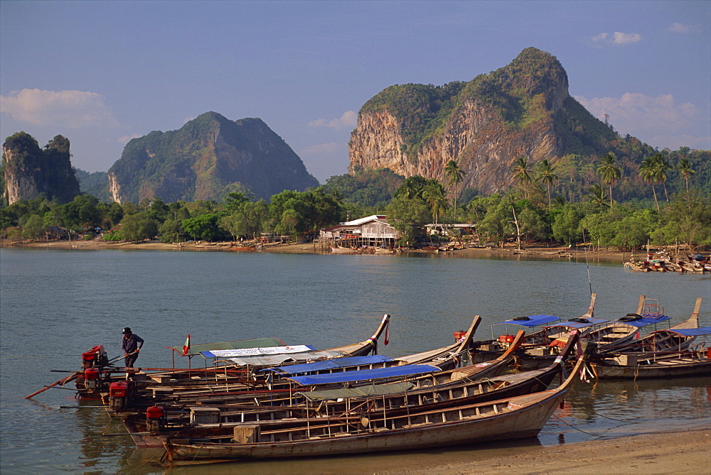 Boats moored on the coast at Krabi, Thailand, Southeast Asia, Asia