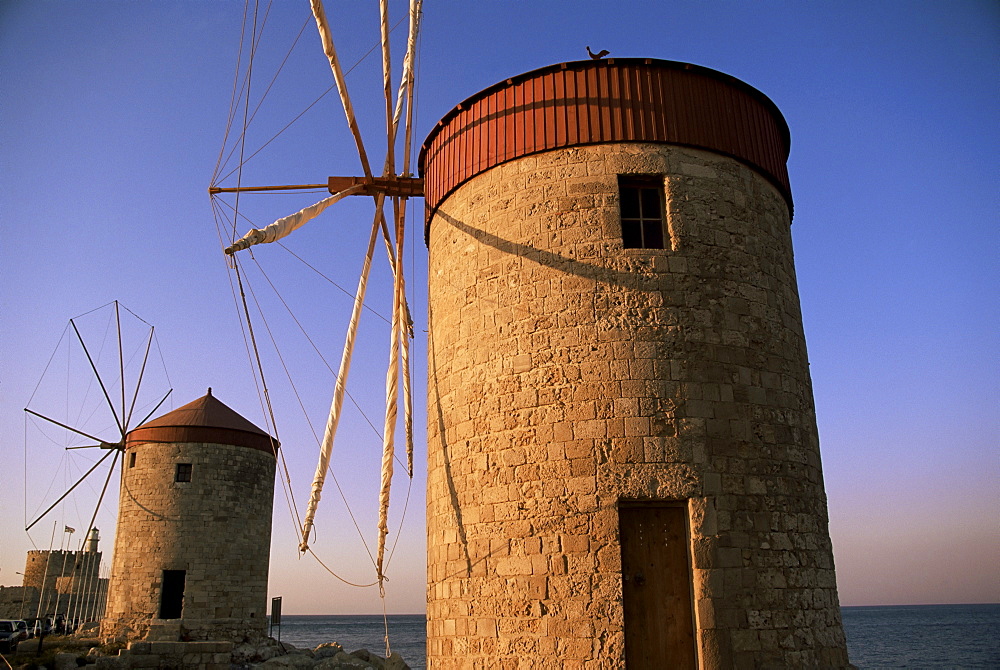 Windmills, Rhodes Harbour, Rhodes, Dodecanese islands, Greece, Europe