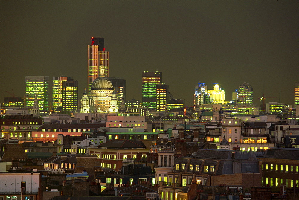 City skyline illuminated at night, including St. Paul's Cathedral, the NatWest Tower and the Lloyds Building, London, England, United Kingdom, Europe