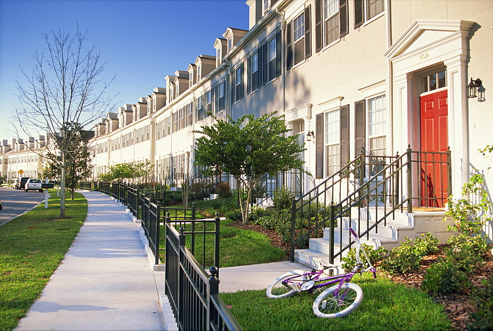 Terraced houses and small front gardens, Celebration, a small town built by Disney, Florida, United States of America, North America