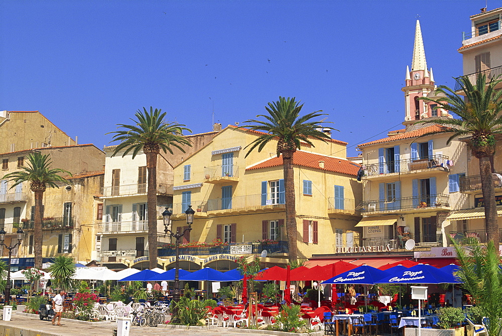 Outdoor restaurants, Calvi, Balagne region, Corsica, France, Europe