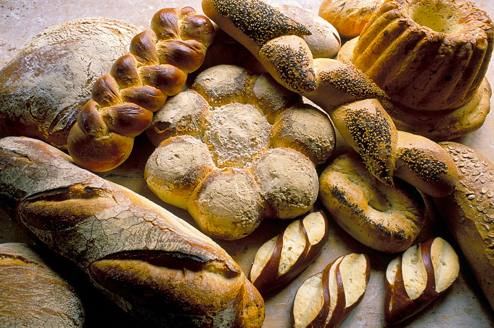 Breads including kugelhopfs, pretzels and plaited bread, Alsace, France, Europe