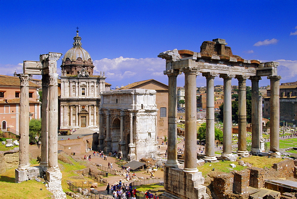 Temple of Saturn and Santi Lucia e Martina, Forum, Rome, Lazio, Italy, Europe