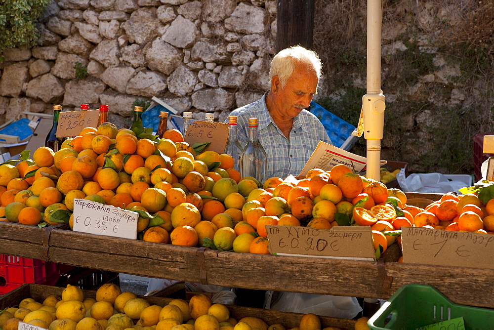 Fruit seller, Chania market, Crete, Greek Islands, Greece, Europe