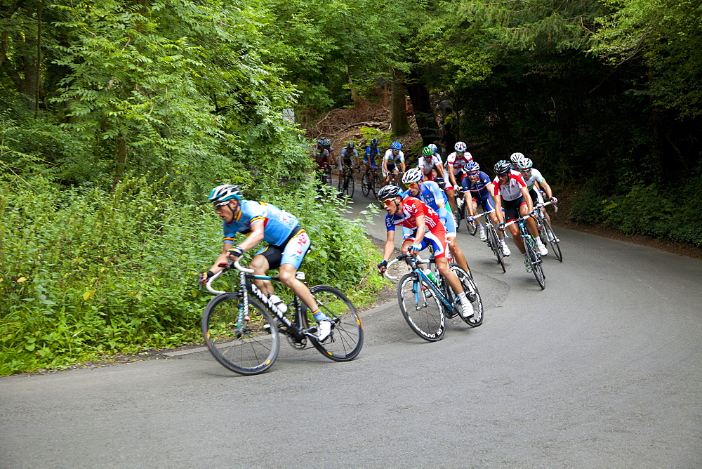 Cyclists on The Zig Zag, London Surrey Classic cycle race, Box Hill, site of 2012 Olympics cycling road race, Surrey Hills, Surrey, England, United Kingdom, Europe