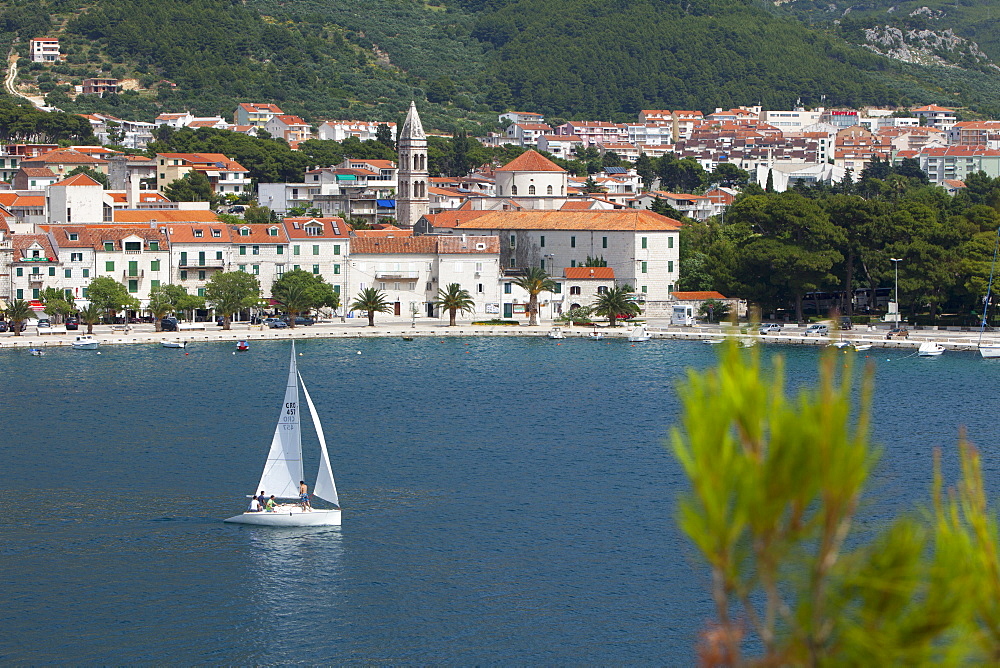 Makarska harbour with yacht, Dalmatian Coast, Croatia, Europe