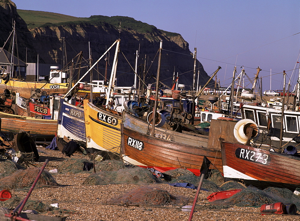 Fishing boats on the beach, Hastings, East Sussex, England, United Kingdom, Europe