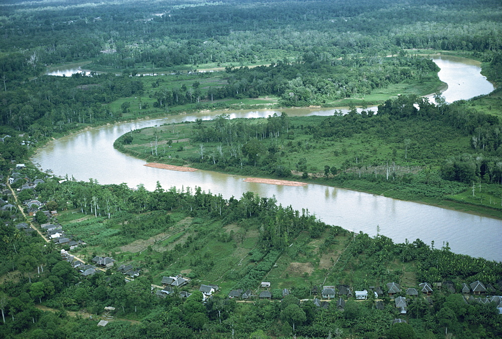 Aerial view of meanders in the East Kalimantan river in Borneo, Indonesia, Asia