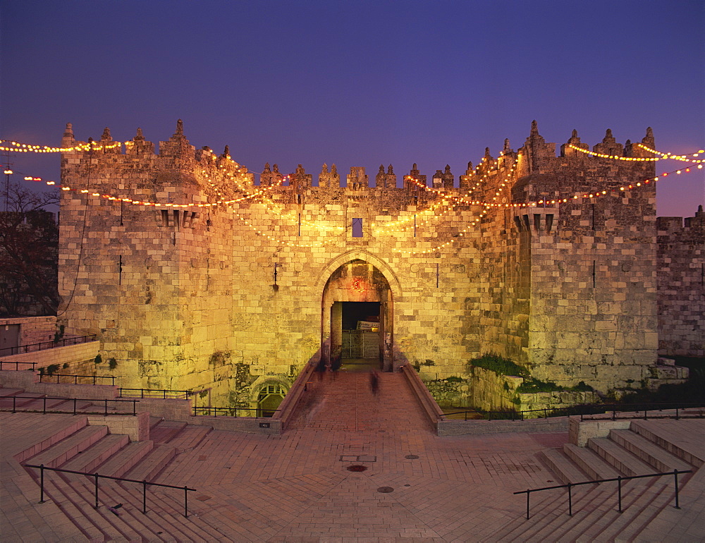 Damascus Gate at dusk, Old City, UNESCO World Heritage Site, Jerusalem, Israel, Middle East