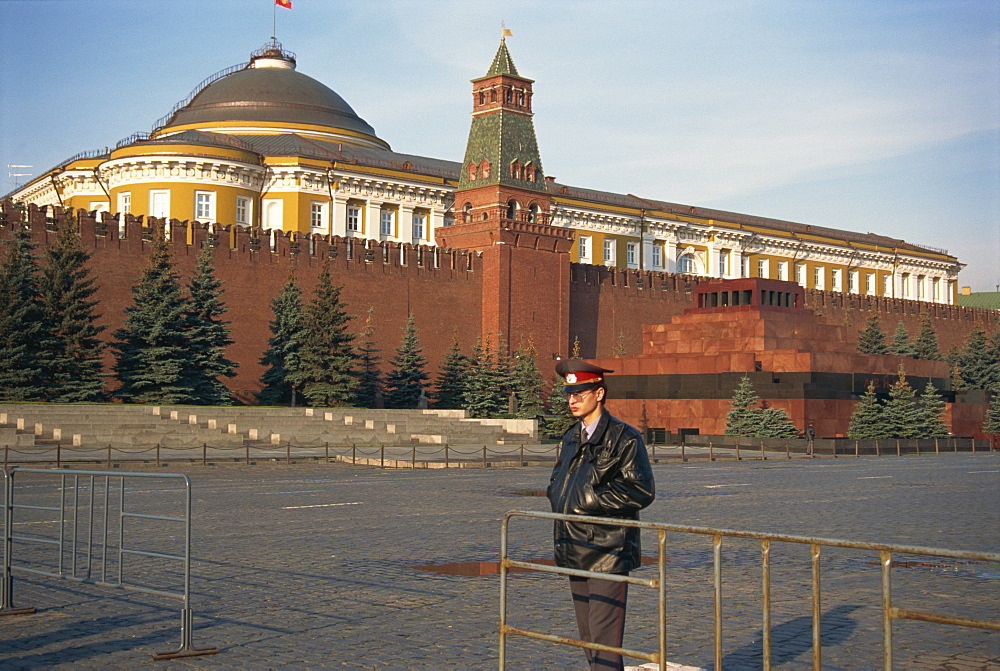 Guard in Red Square, before the Kremlin and Lenin's Tomb, Moscow, Russia, Europe