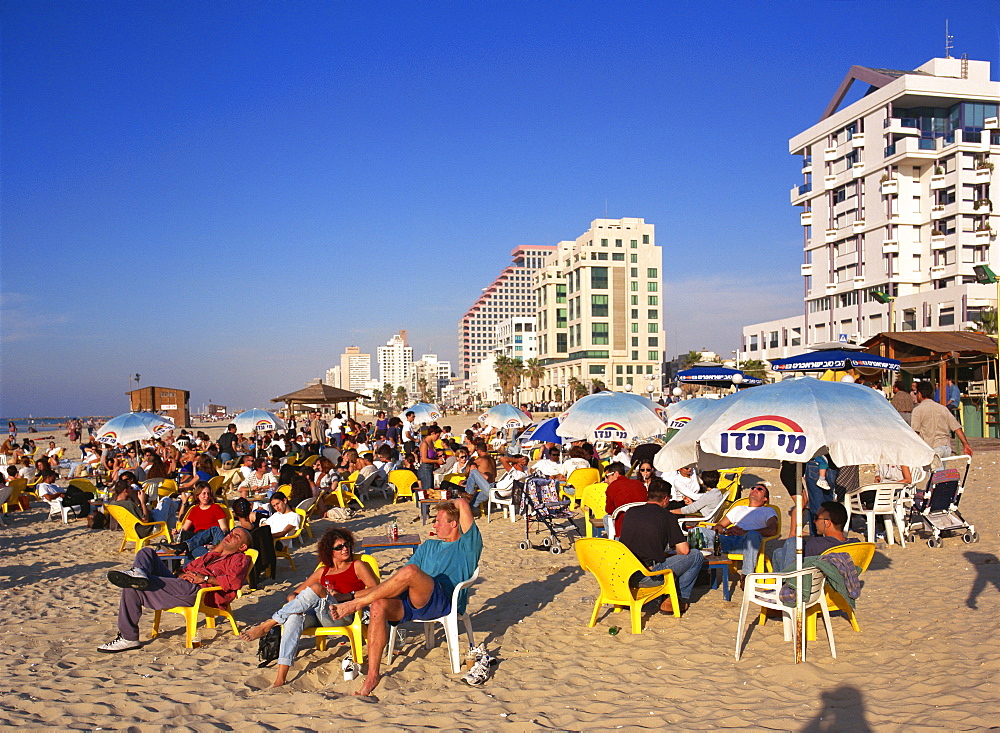 Cafe terrace on the beach, Tel Aviv, Israel, Middle East