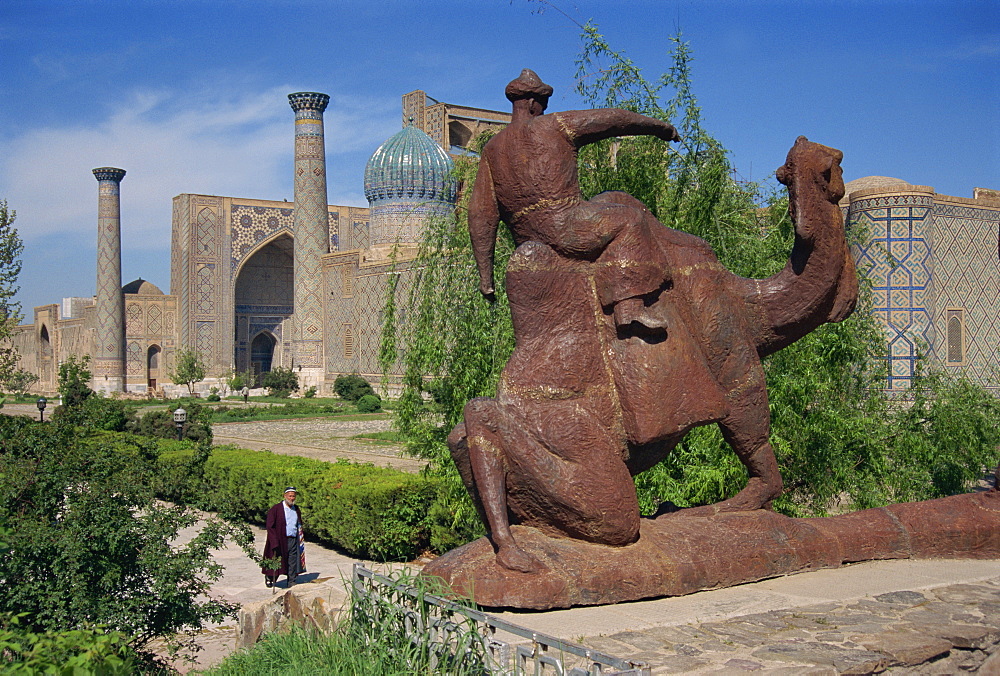 View of Registan with statue of camel, Samarkand, Uzbekistan, Central Asia, Asia