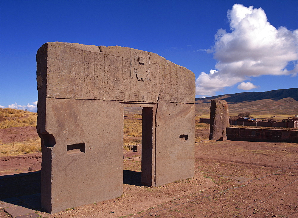 The Gate of the Sun at the site of Tiahuanaco, UNESCO World Heritage Site, Lake Titicaca, in Bolivia, South America