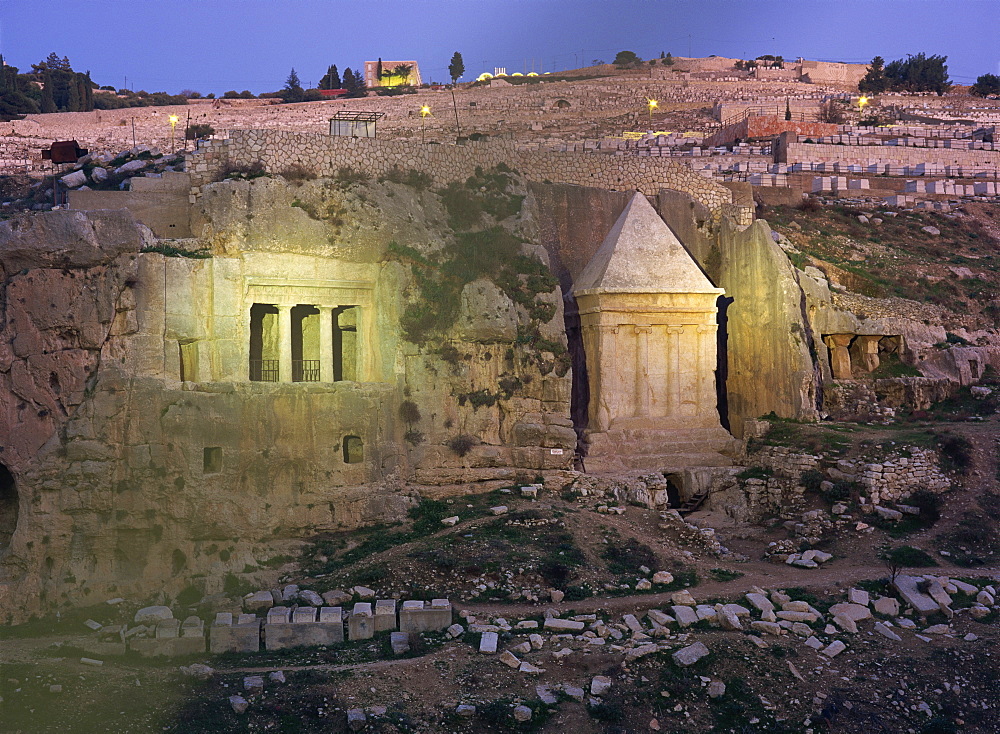 Jehoshafat and Zacharia's tombs at dusk, Kidron Valley, Jerusalem, Israel, Middle East