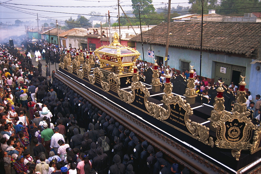 View from above of Christ's coffin in Good Friday procession, Antigua, Guatemala, Central America