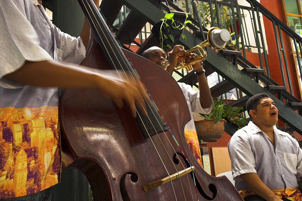 Close-up of counterbass with trumpet player, part of traditional band playing in a cafe, Habana Vieja, Havana, Cuba, West Indies, Central America