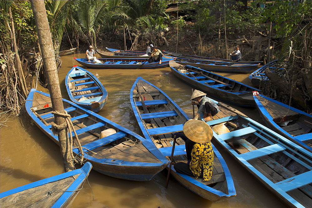 Navigating the waterways amid coconut palm trees, Tortoise Island, near My Tho, Mekong delta, Vietnam, Indochina, Southeast Asia, Asia