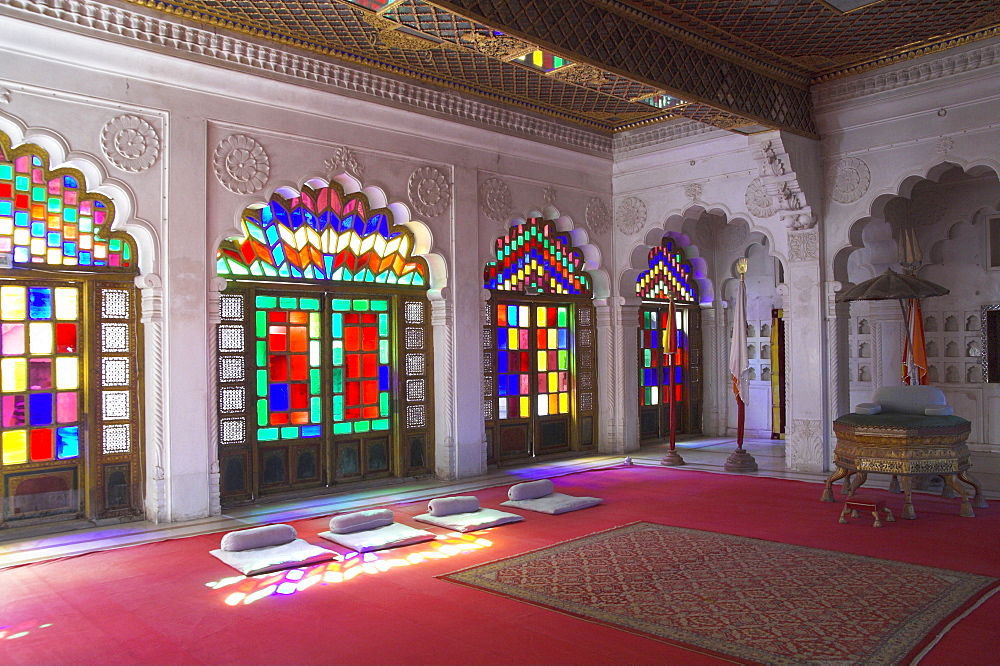 Colourful stained glass in the Maharaja's throne room, Meherangarh Fort Museum, Jodhpur, Rajasthan state, India, Asia