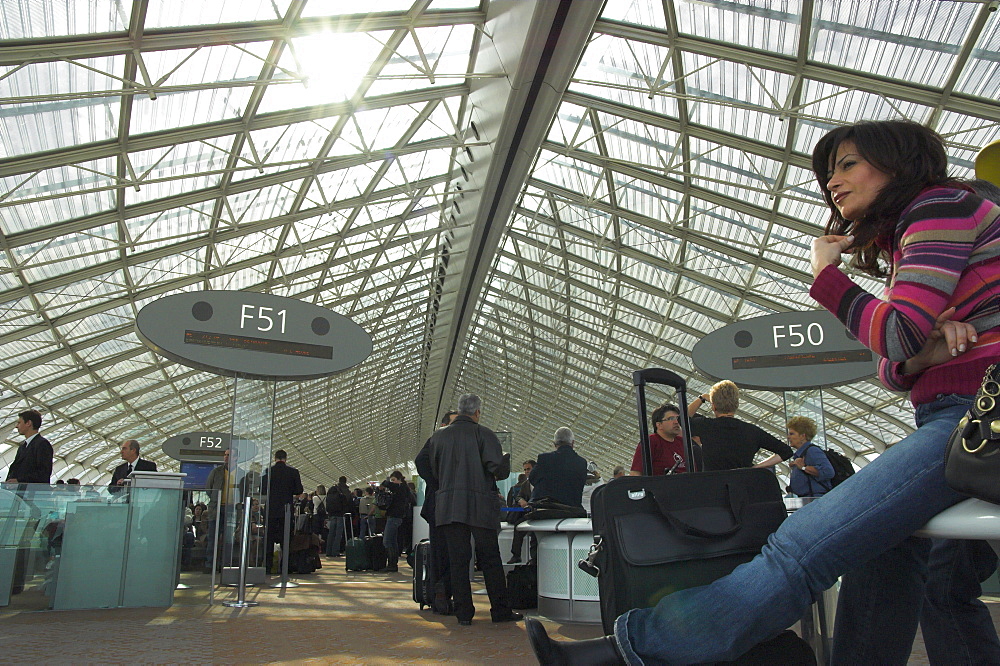 Passengers waiting at Charles de Gaulle Airport, Paris, France, Europe