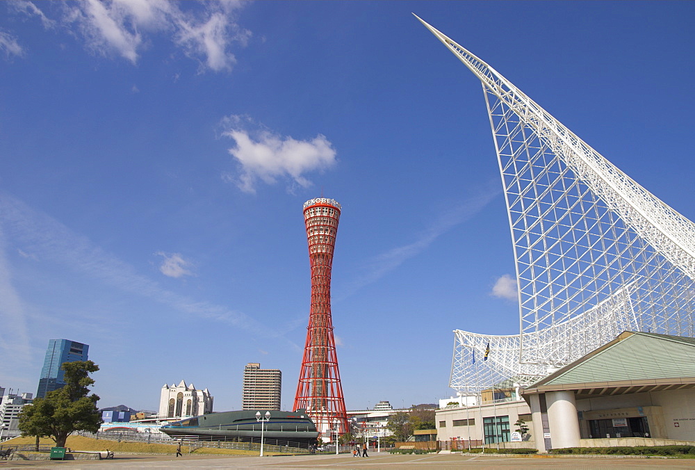 Kobe Maritime Museum and Port Tower, Meriken Park, Kobe harbour, Kobe, Kansai, Honshu, Japan, Asia