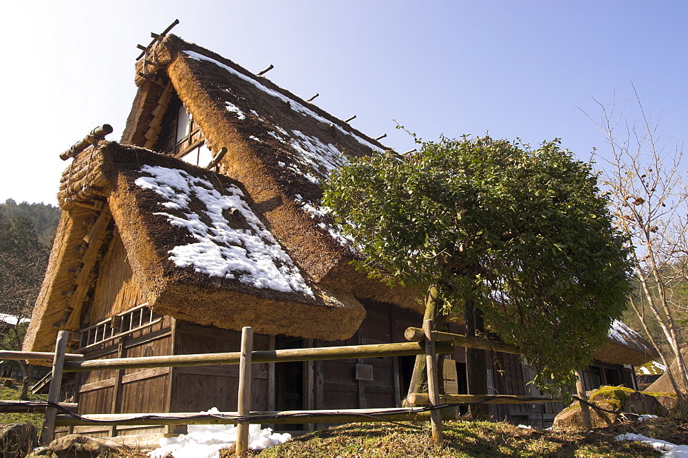 Traditional house with thick thatch roof, Hida Folk Village, Hida No Sato, Takayama, Hida district, Honshu, Japan, Asia